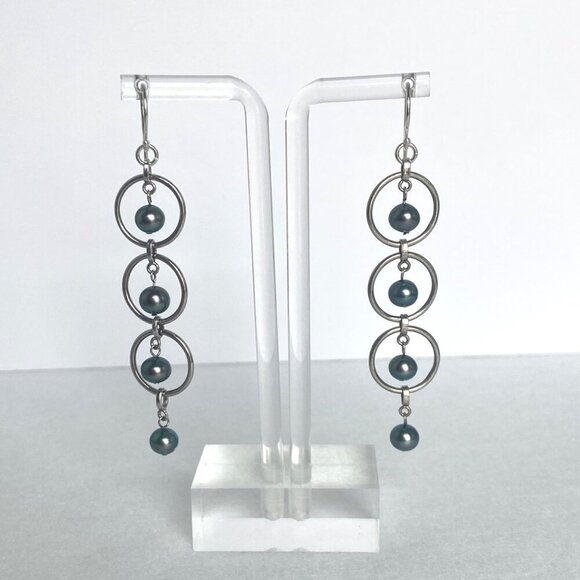Sterling Silver 925 3" Long Round Triple Tiered Peacock Pearl Dangle Earrings - Picture 4 of 16